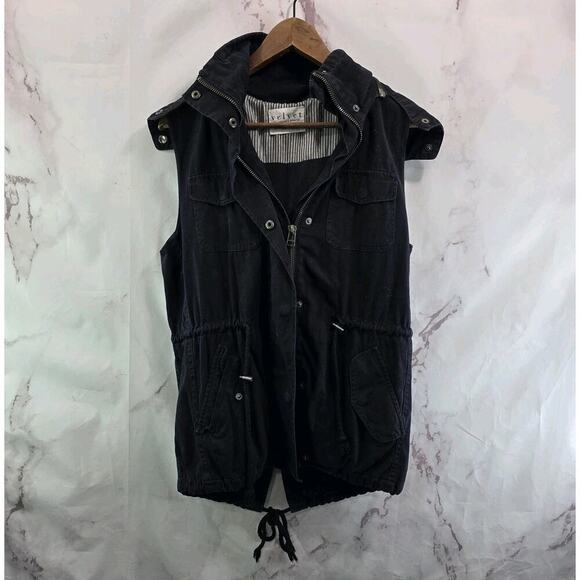 Velvet Graham Spencer Vest Womens Small Black Hooded Faux Fur Zip Odela Military - Picture 1 of 12